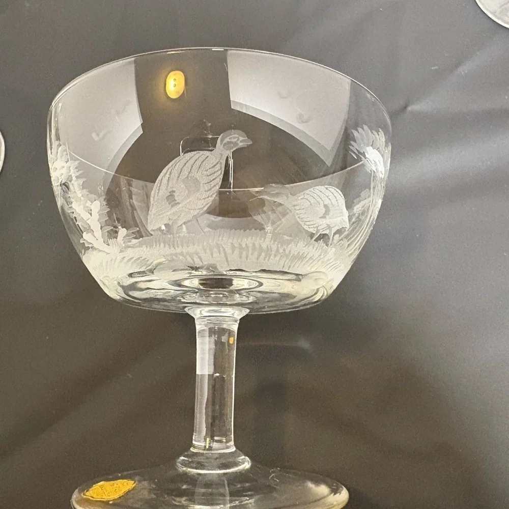 Vintage Etched East Germany Crystal Coupe Set Hunting/Wildlife Scene